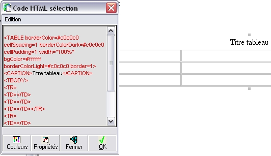 Code HTML - Editeur de propriétés
d'une cellule