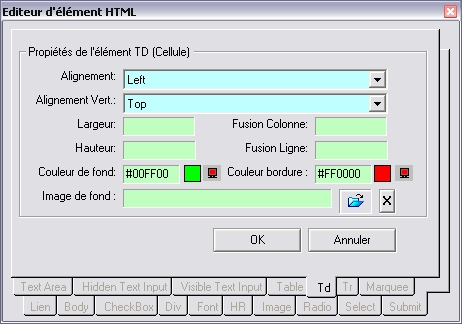 Editeur de propriétés d'une cellule d'un tableau