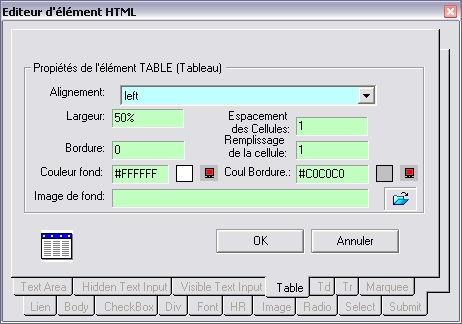 Editeur de proprits du tableau 